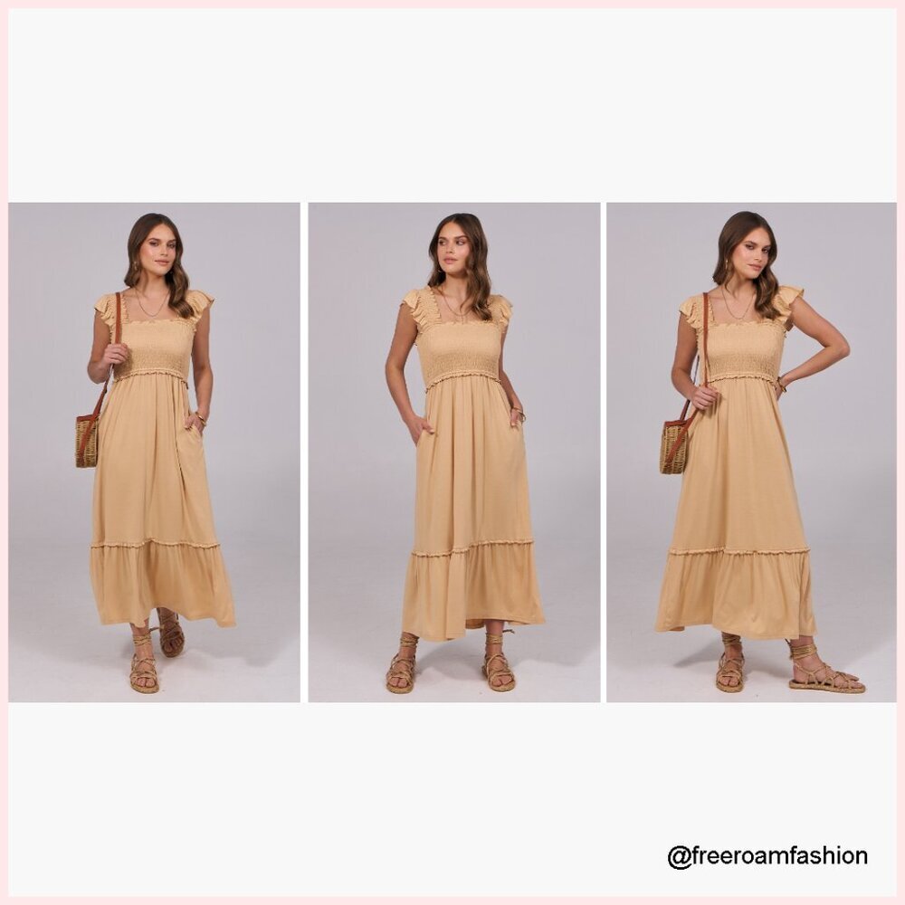 Sleeveless Maxi Dress Square Neck Smocked Boho Casual Ruffle Strap Flowy A-Line - Picture 7 of 7
